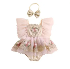 Baby Girls Vintage Lace Beige & Blush Floral Rose Birthday Romper