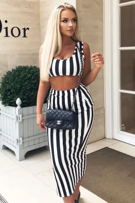 Black And White Stripe Body Con Skirt And Crop Top Co-Ord - Loyola