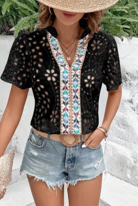 Black Boho Geometric Pattern V Neck Cut-out Blouse