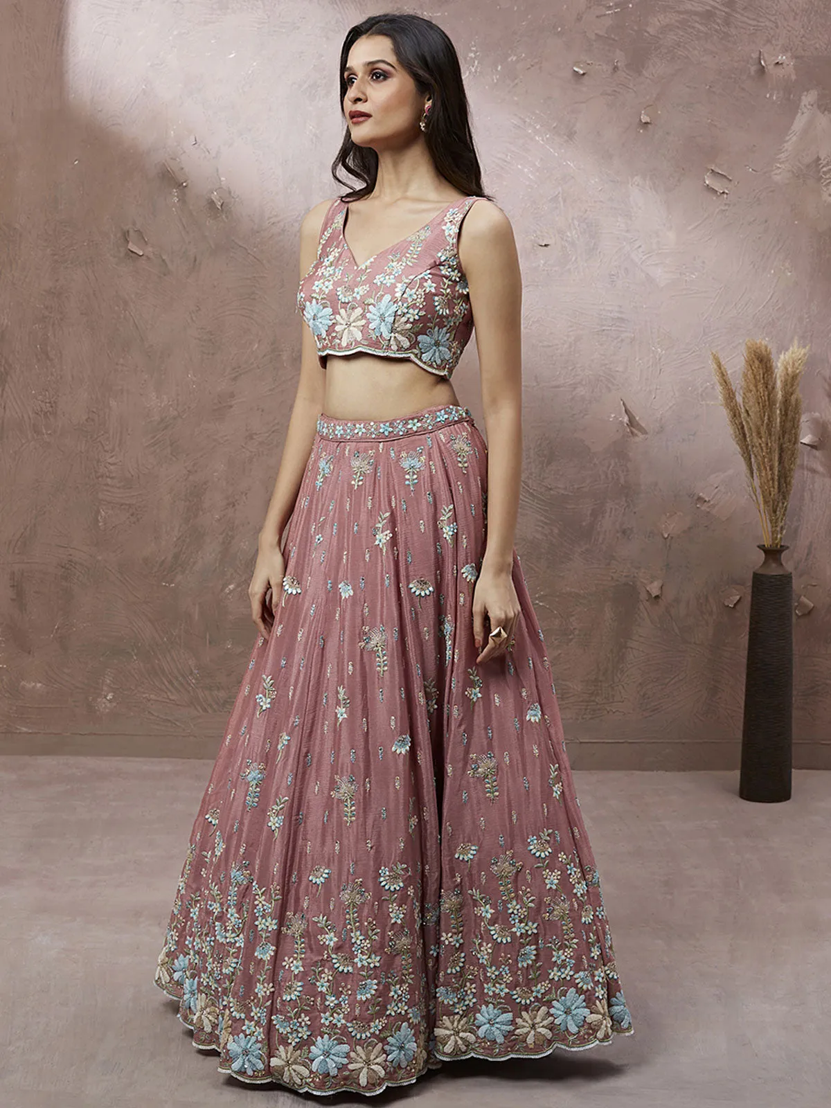 Coral Pure Georgette Sequins with heavy Zarkan embroidery Semi-Stitched Lehenga choli & Dupatta