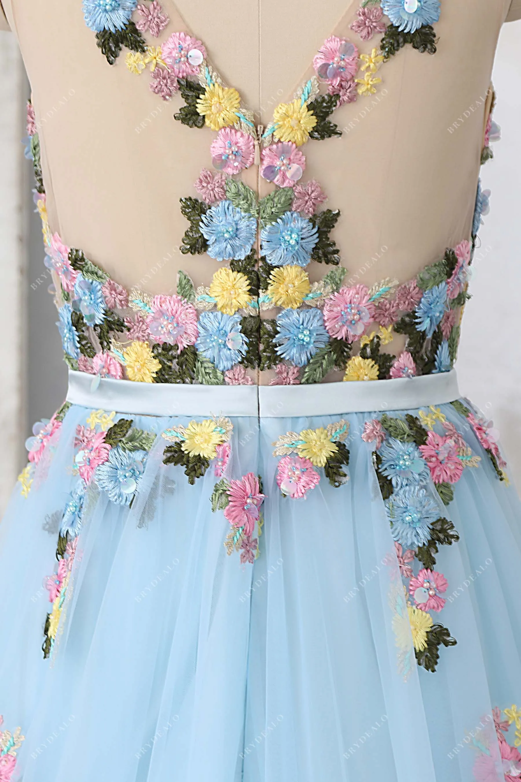 Delicate 3D Flowers Baby Blue Tulle Prom Dress