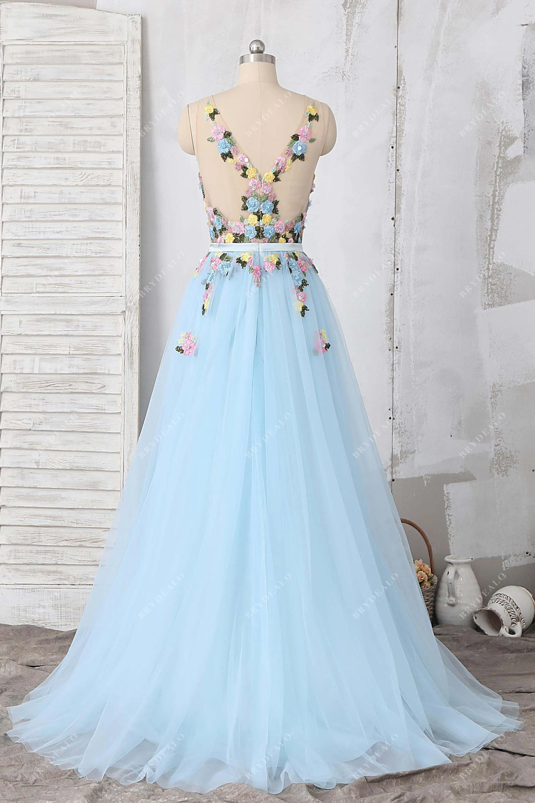 Delicate 3D Flowers Baby Blue Tulle Prom Dress