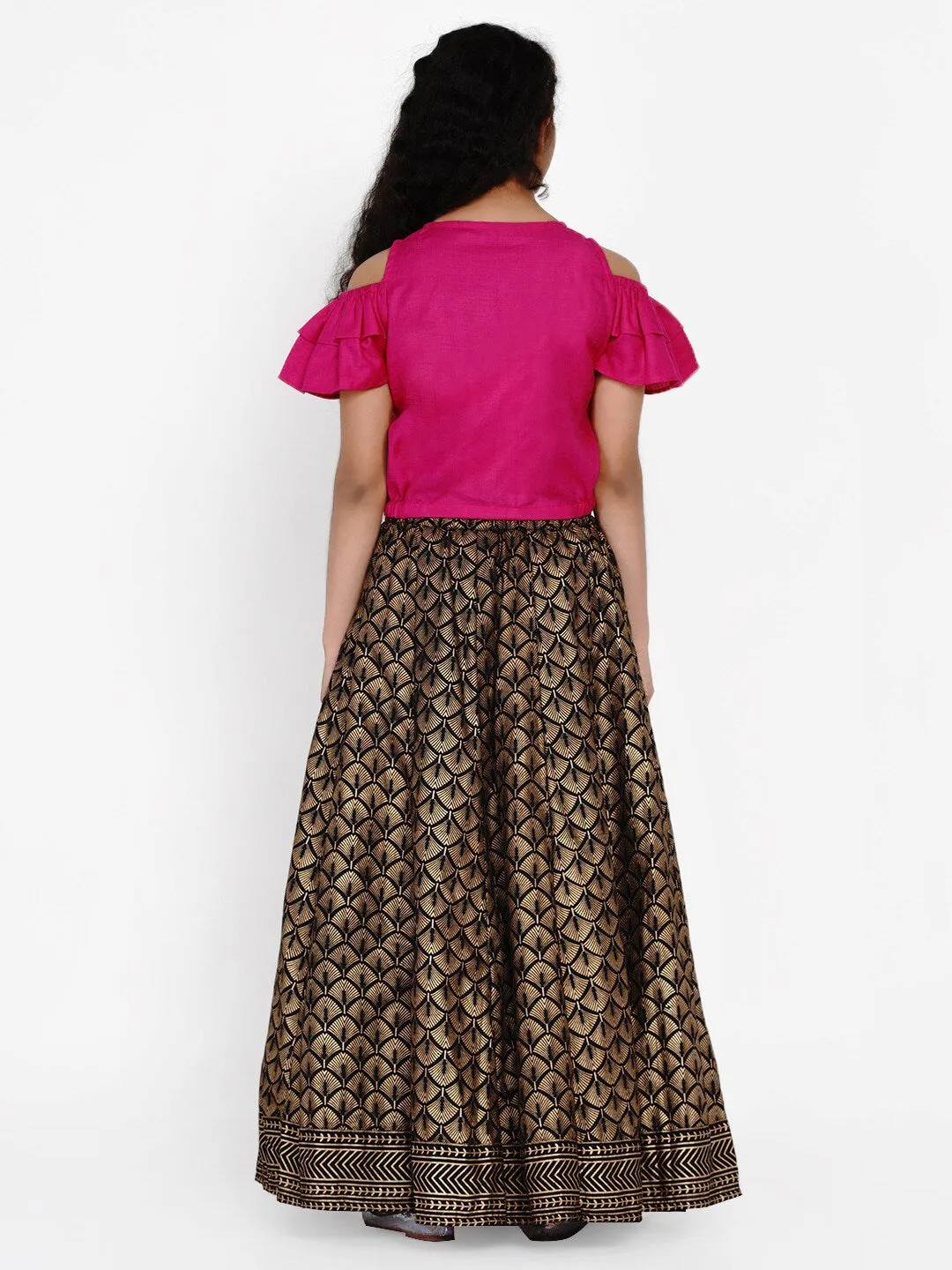 Girls Pink & Black Lehenga With Blouse