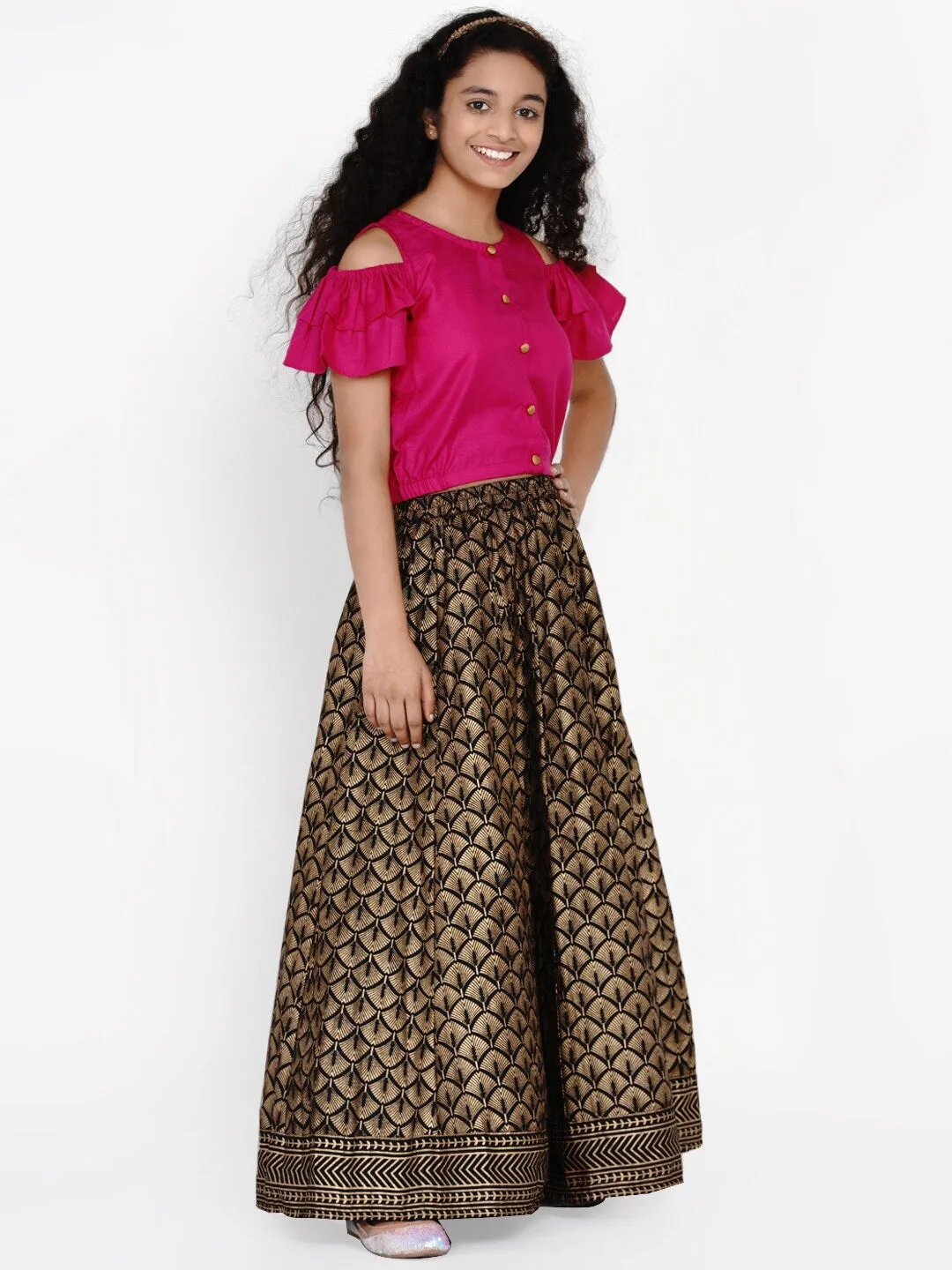 Girls Pink & Black Lehenga With Blouse