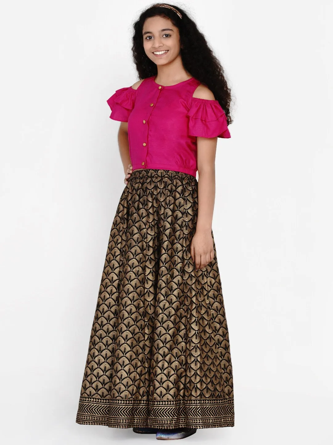 Girls Pink & Black Lehenga With Blouse