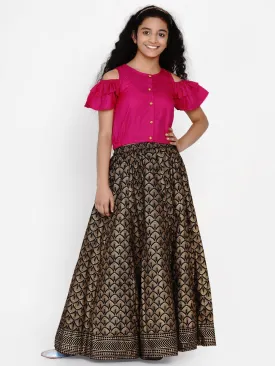 Girls Pink & Black Lehenga With Blouse