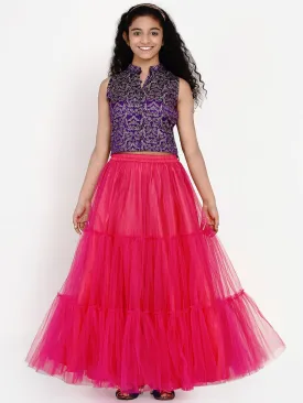 Girls Purple & Pink Block Print Ready To Wear Lehenga Choli