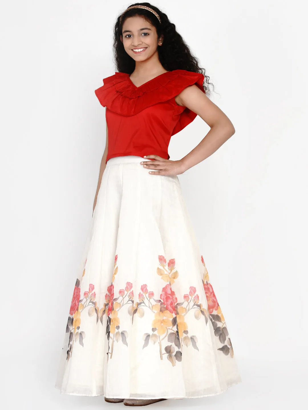 Girls Red & White Printed Ready To Wear Lehenga & Blouse