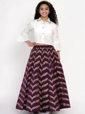 Girls White & Purple Embellished Block Print Ready To Wear Lehenga