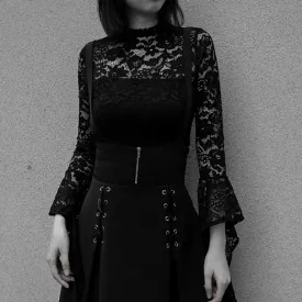 Gothic Flare Long Sleeve Bodysuit Lace Up Skirt