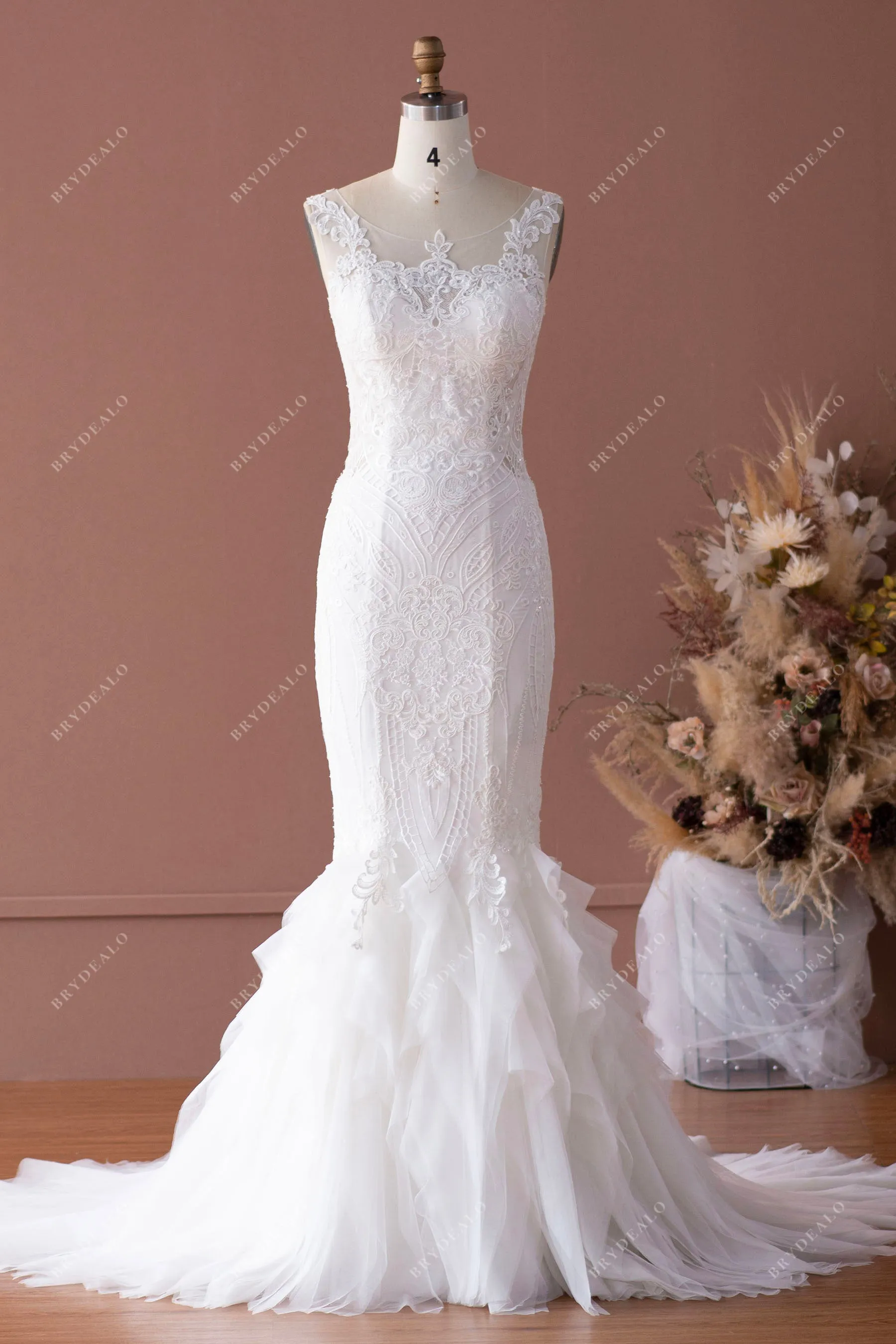 Illusion Back Lace Tulle Dream Ruffled Trumpet Bridal Gown