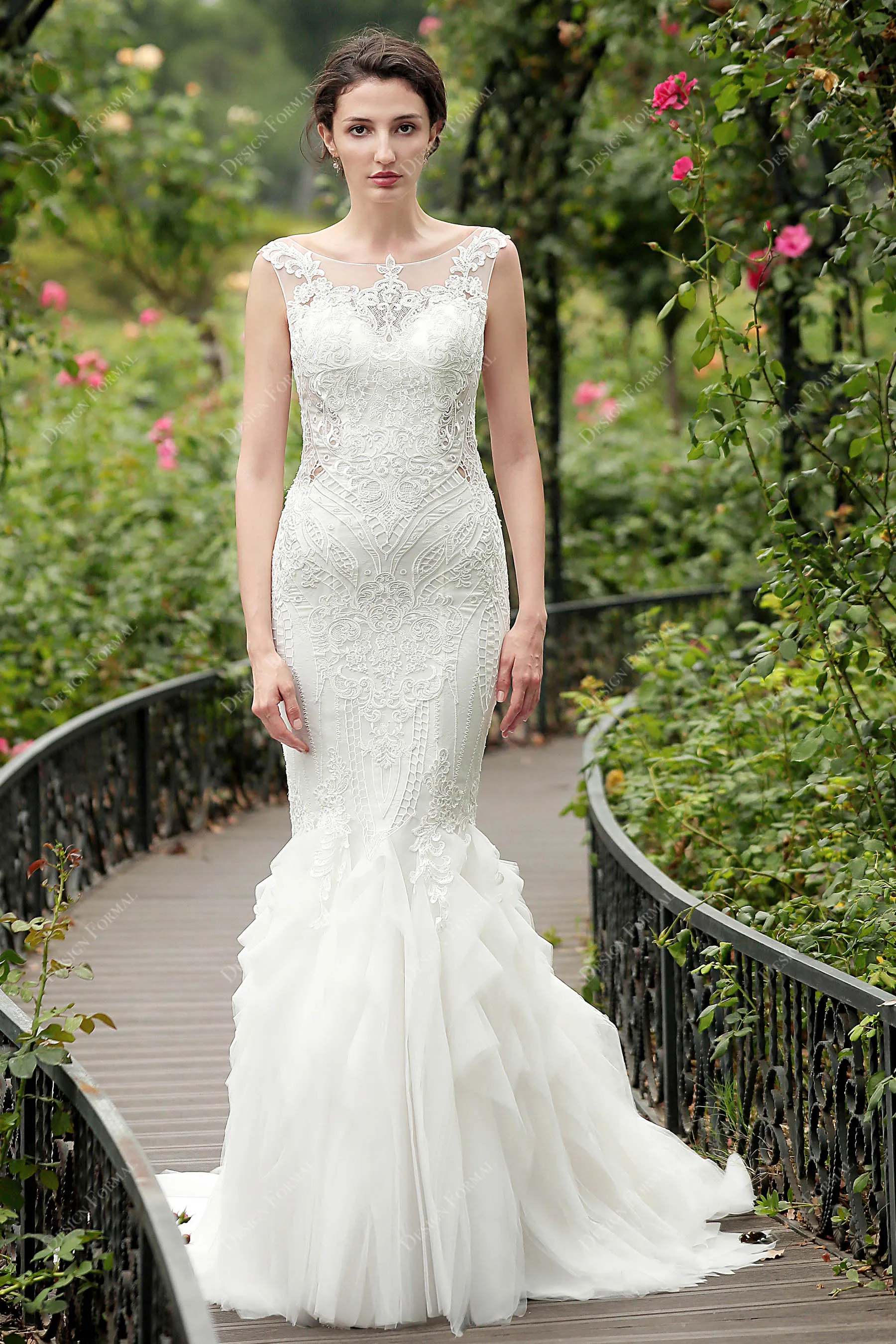 Illusion Back Lace Tulle Dream Ruffled Trumpet Bridal Gown