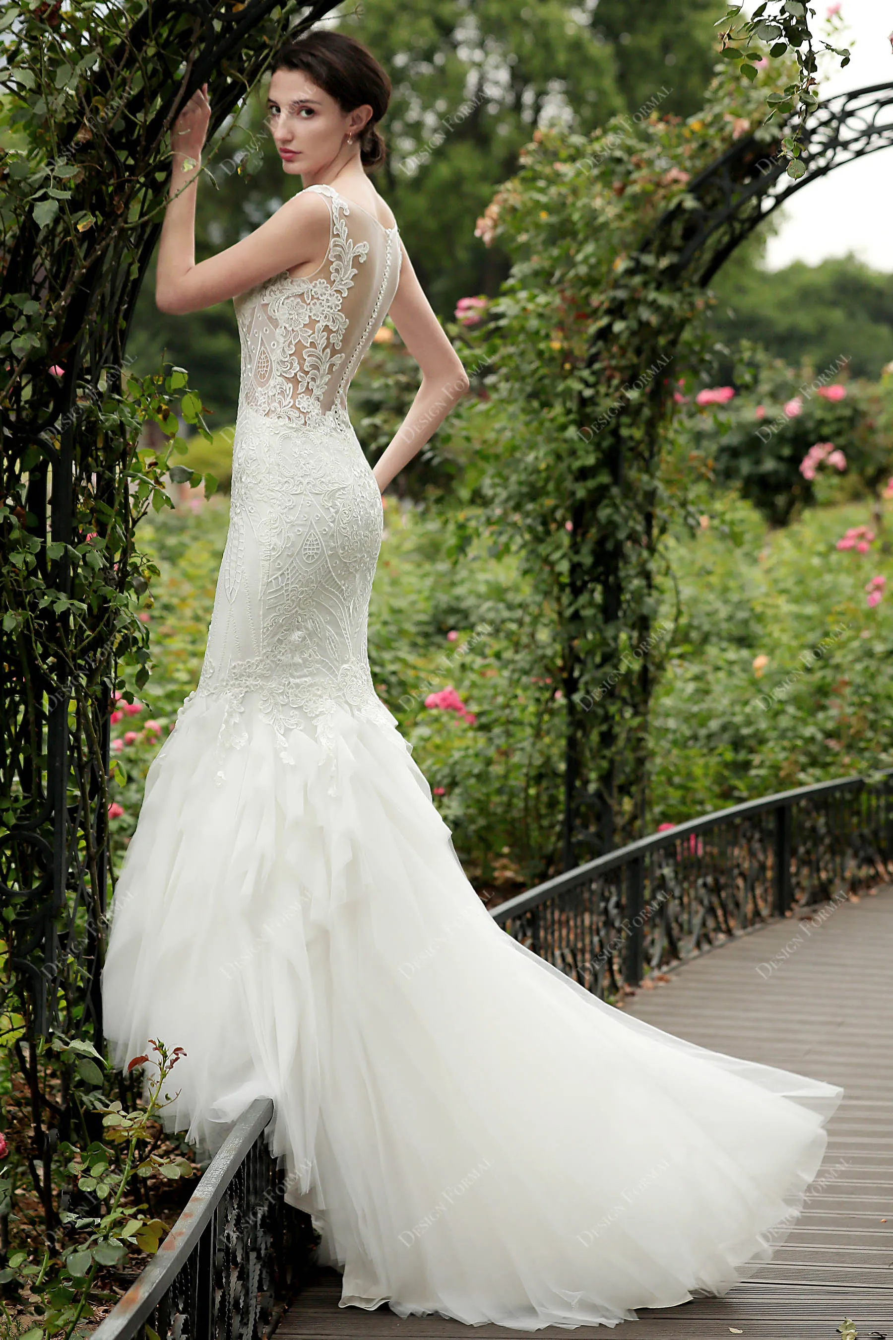 Illusion Back Lace Tulle Dream Ruffled Trumpet Bridal Gown