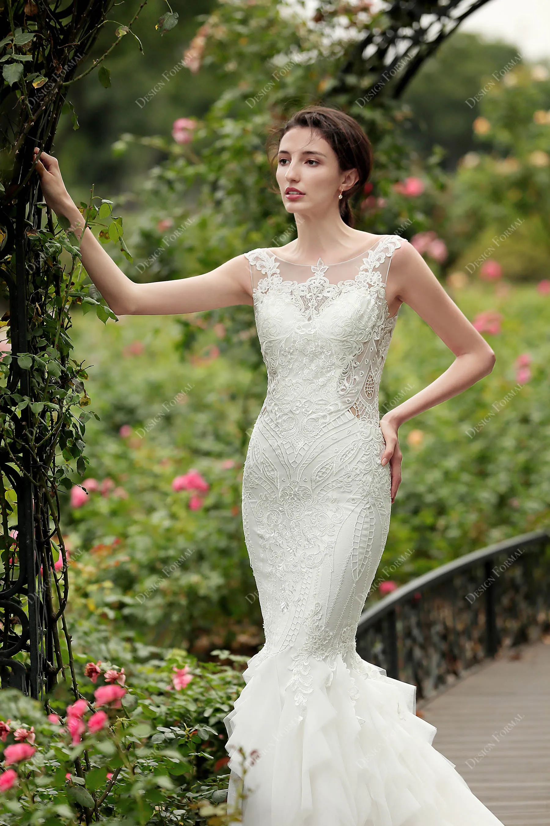 Illusion Back Lace Tulle Dream Ruffled Trumpet Bridal Gown