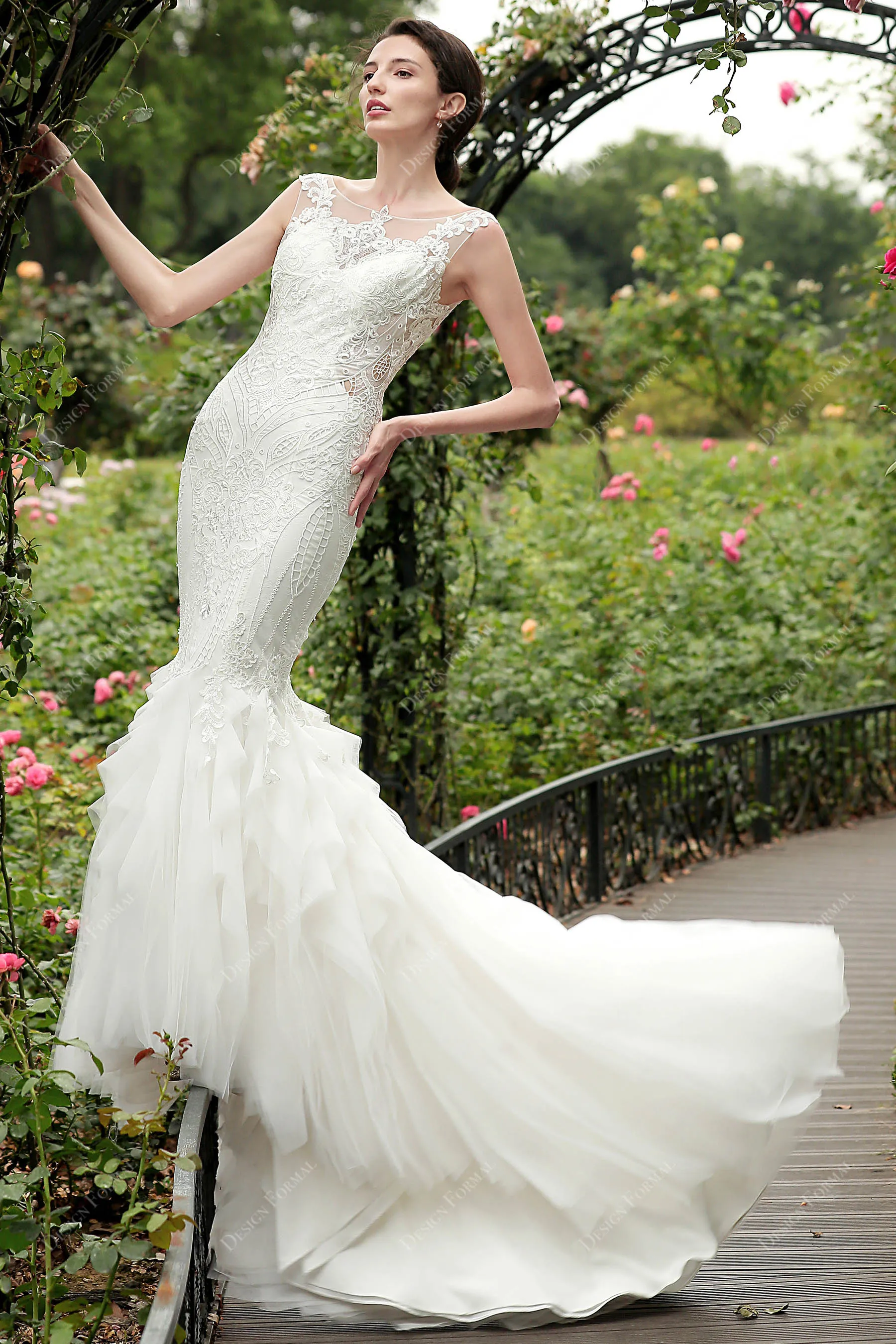 Illusion Back Lace Tulle Dream Ruffled Trumpet Bridal Gown