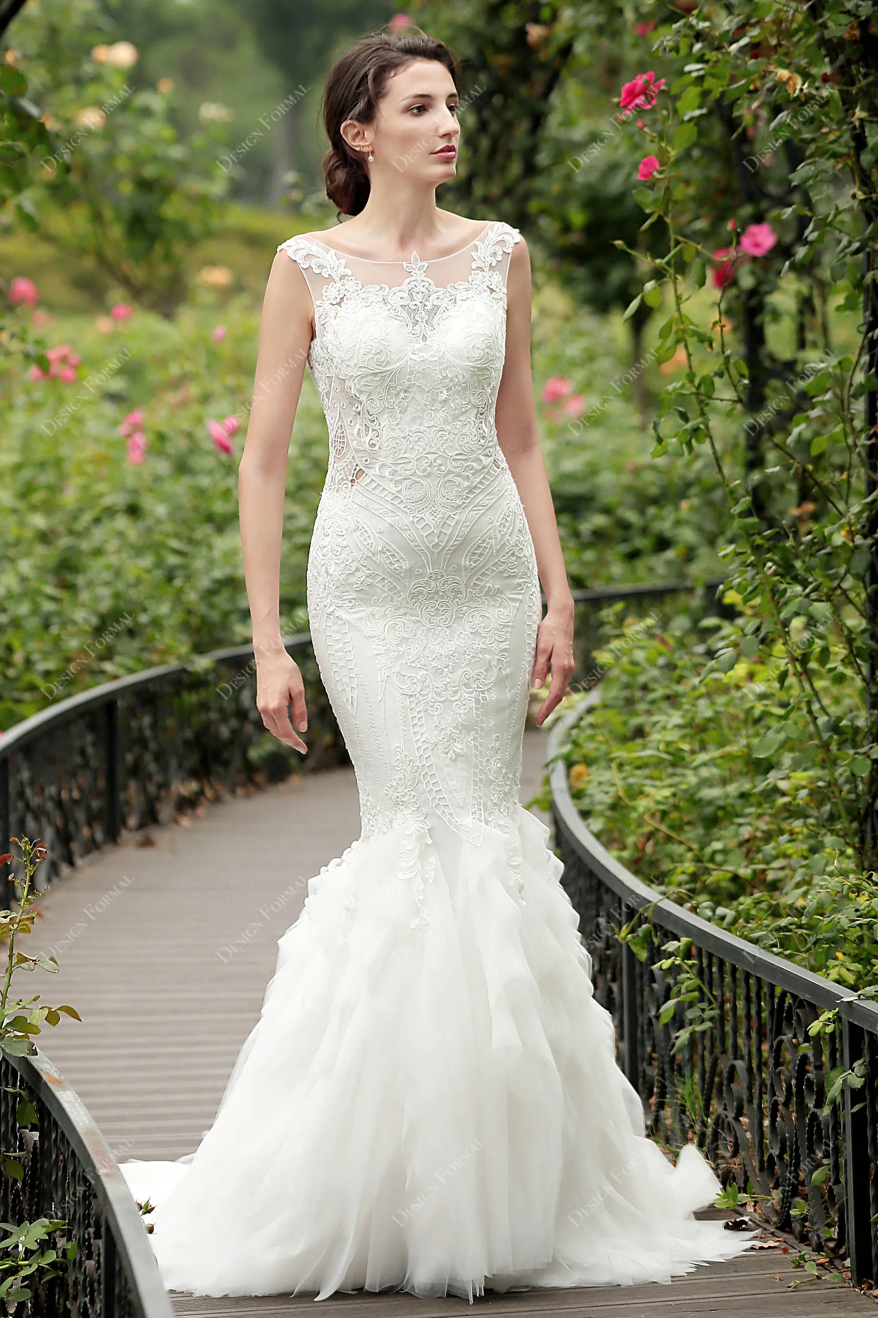 Illusion Back Lace Tulle Dream Ruffled Trumpet Bridal Gown