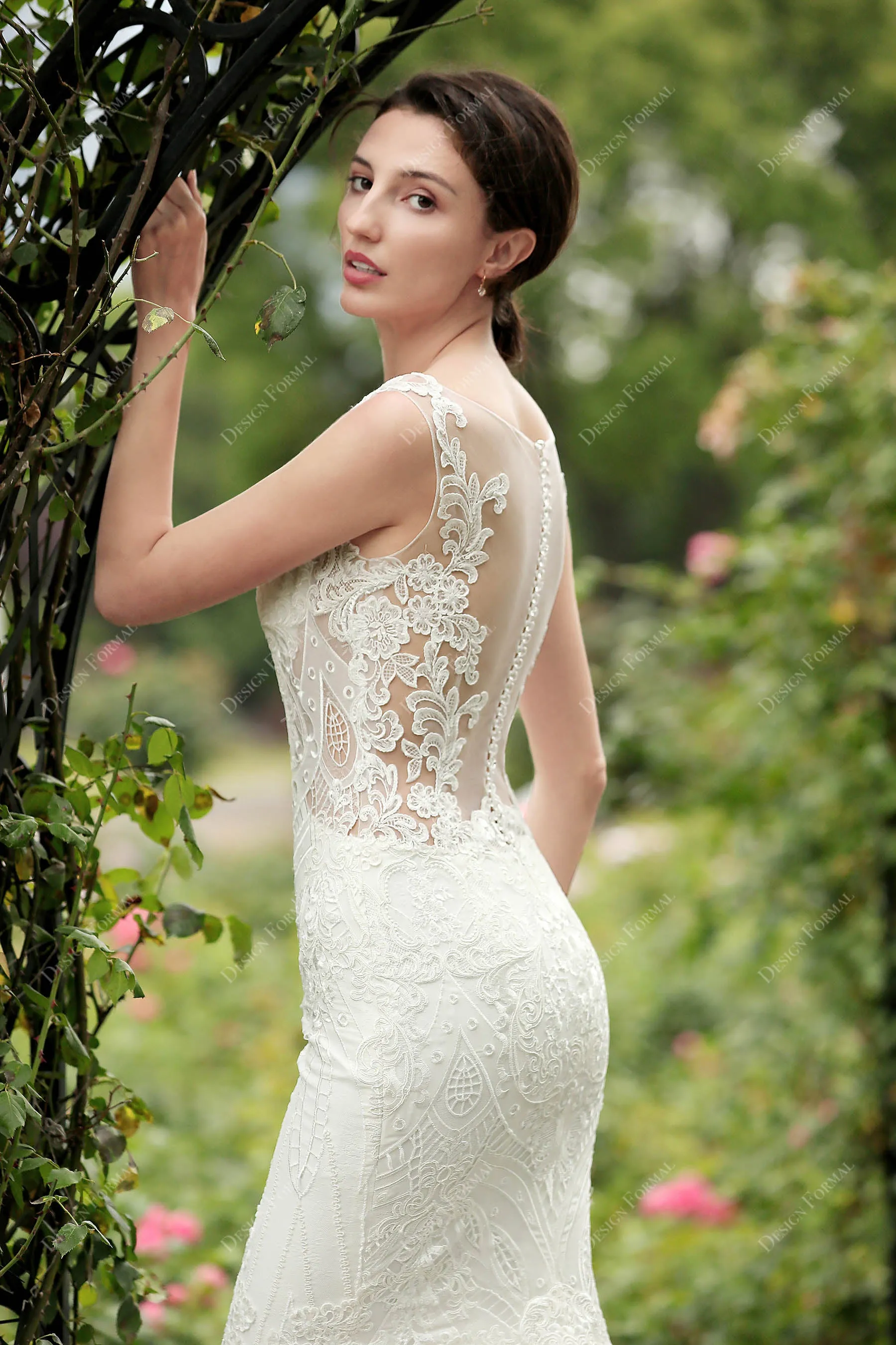 Illusion Back Lace Tulle Dream Ruffled Trumpet Bridal Gown