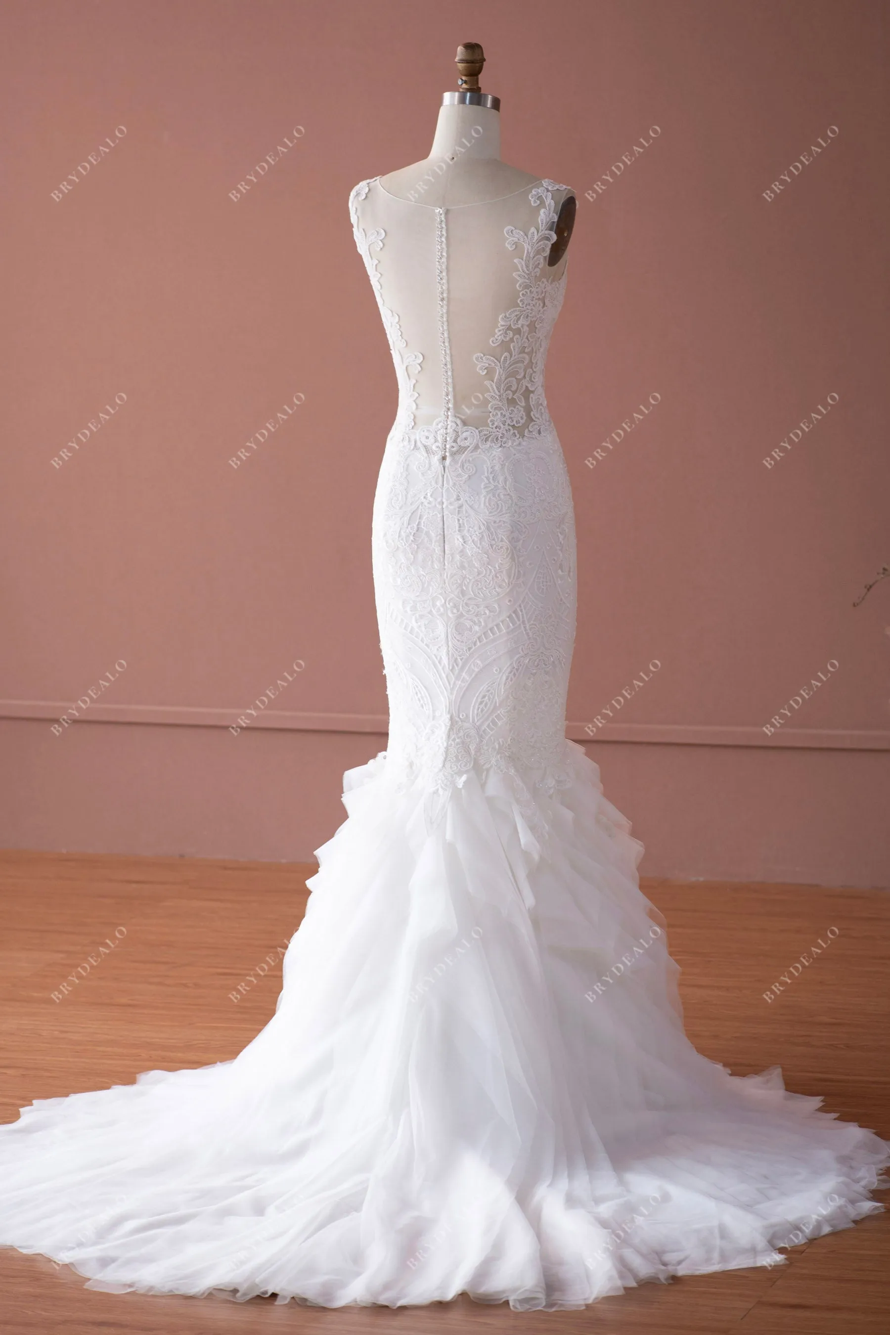 Illusion Back Lace Tulle Dream Ruffled Trumpet Bridal Gown