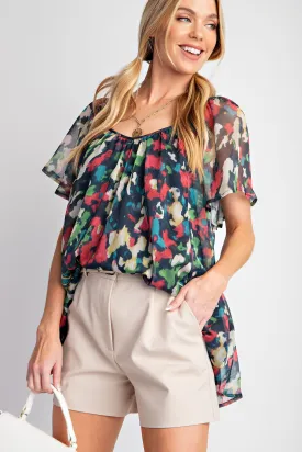 Printed Chiffon Ruffle Blouse