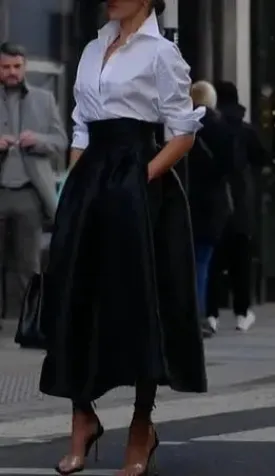 Solid Color Long-sleeved Shirt & High-waisted Skirt Suit