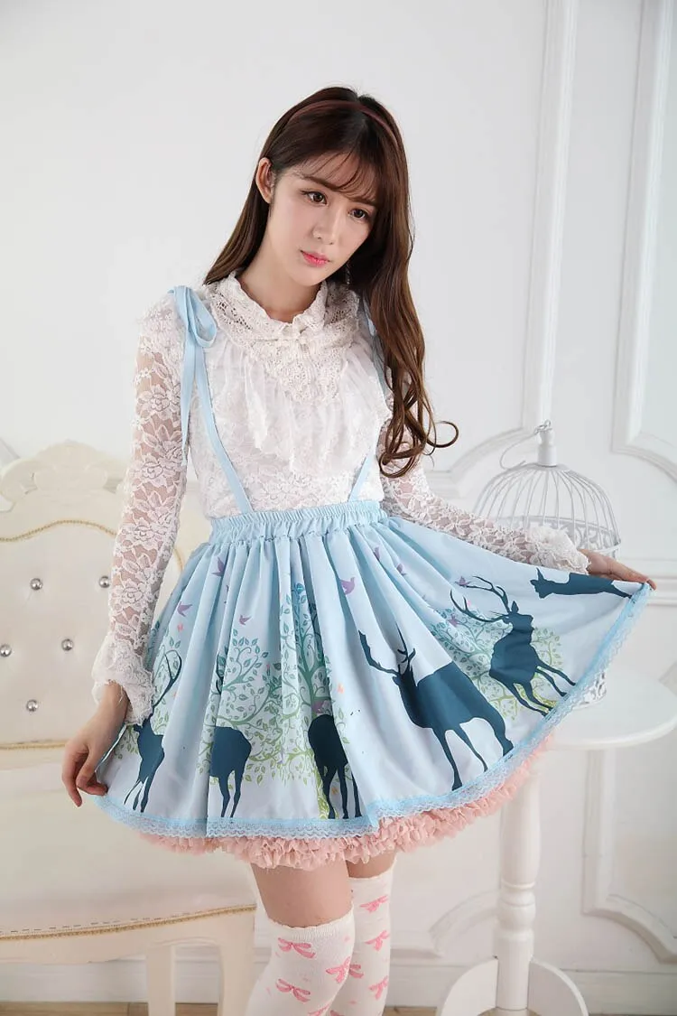 Sweet Blue Short Jumper Skirt Forest Deer Printed Pleated Skirt for Women