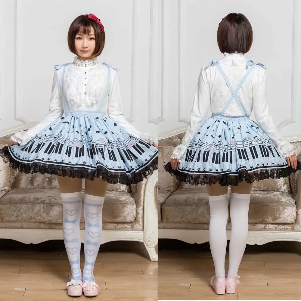 Sweet Mori Girl Pink/Sky Blue Music Note Printed Short Suspender Skirt for Summer