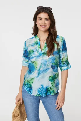 Tropical Print V-Neck 3/4 Sleeve Blouse