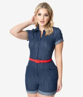 Unique Vintage Faded Blue Denim Dixie Romper