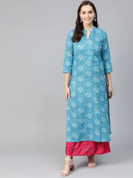 Women Blue & White Straight Paisley Printed Kurta And Skirt Set