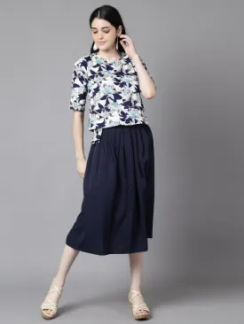 Women Navy Blue Slip-On Polyester Short Sleeves Skirt And Top Set