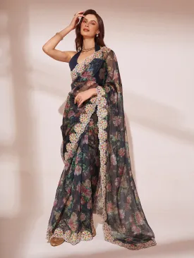 Women Party Wear Printed Jimmy Choo Silk Saree With Un Stitched Blouse