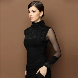 Women Slim Lace Long Sleeve Casual Beaded Openwork Blouse